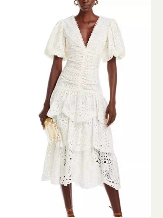 FARM Rio Dresses & Skirts - Farm Rio White Eyelet Tiered Midi Dress with Puff Sleeves Large